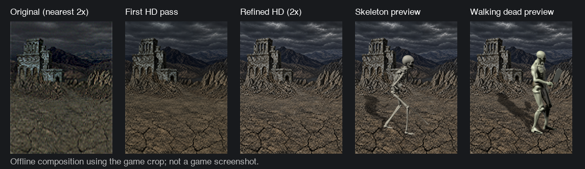 Original, first HD pass, refined background, and two creature composites
