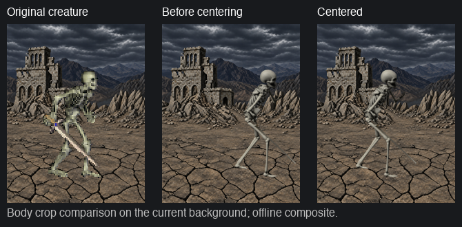 Original, previous, and corrected mod assets in an offline showcase crop