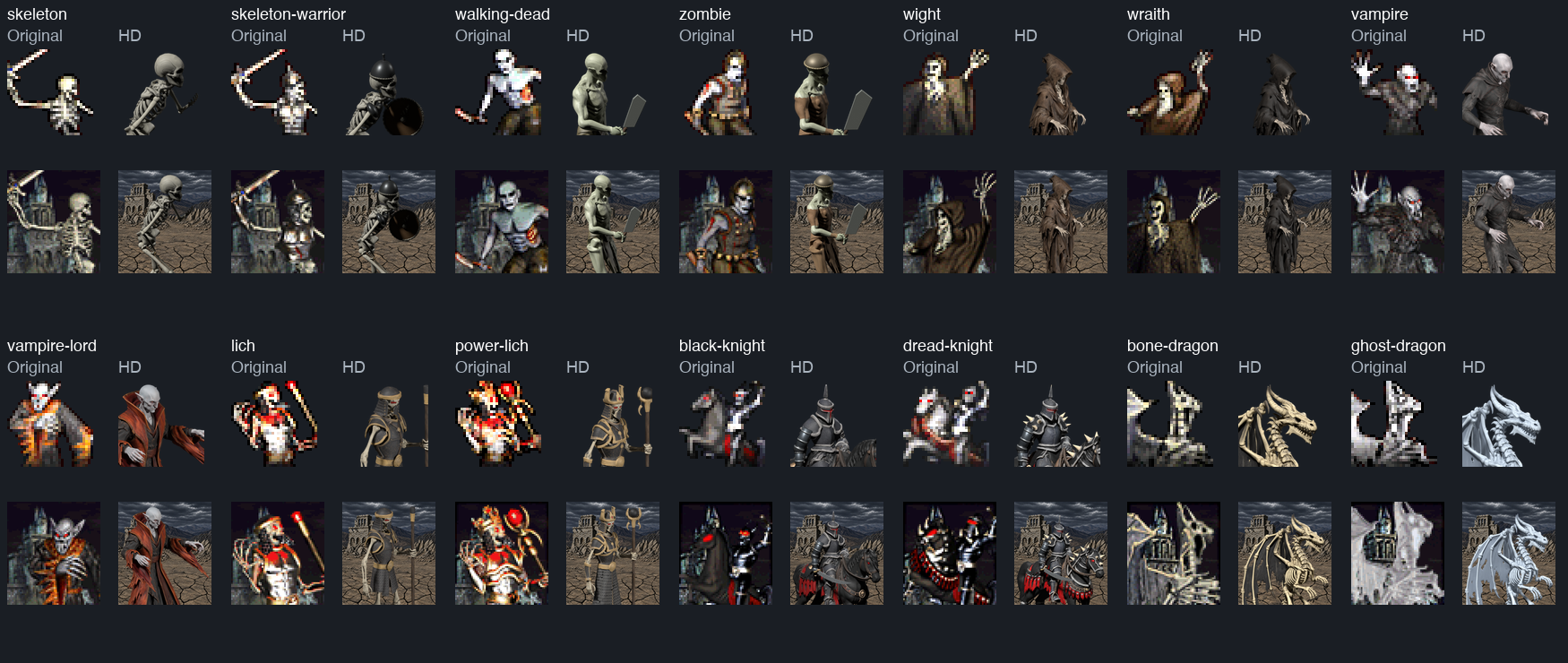 All fourteen creatures, original and HD small and large portraits; offline comparison