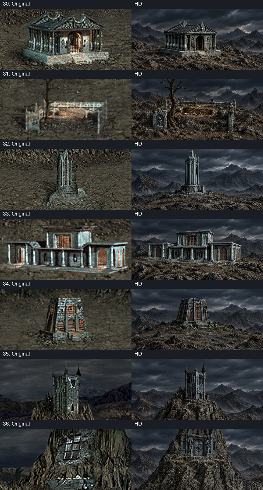 Seven base recruitment buildings, original and HD; offline comparison