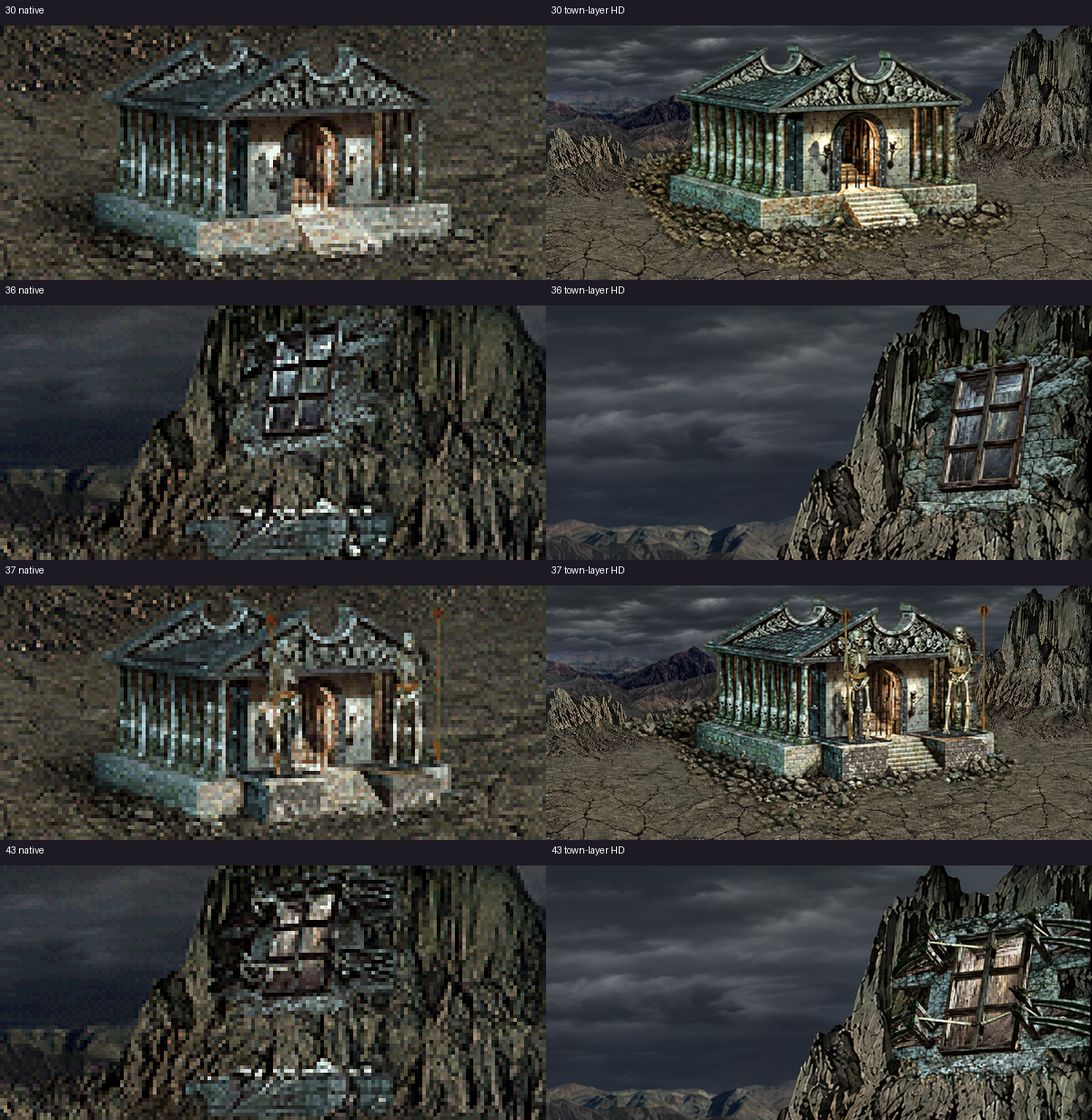 Native and final town-layer building thumbnails: base and upgraded temple plus Dragon Vault