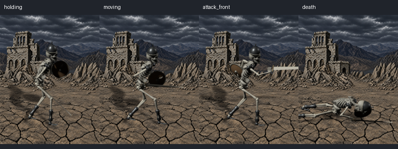 Skeleton Warrior holding, moving, attacking, and dead