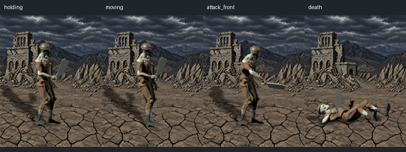 Zombie holding, moving, attacking, and dead
