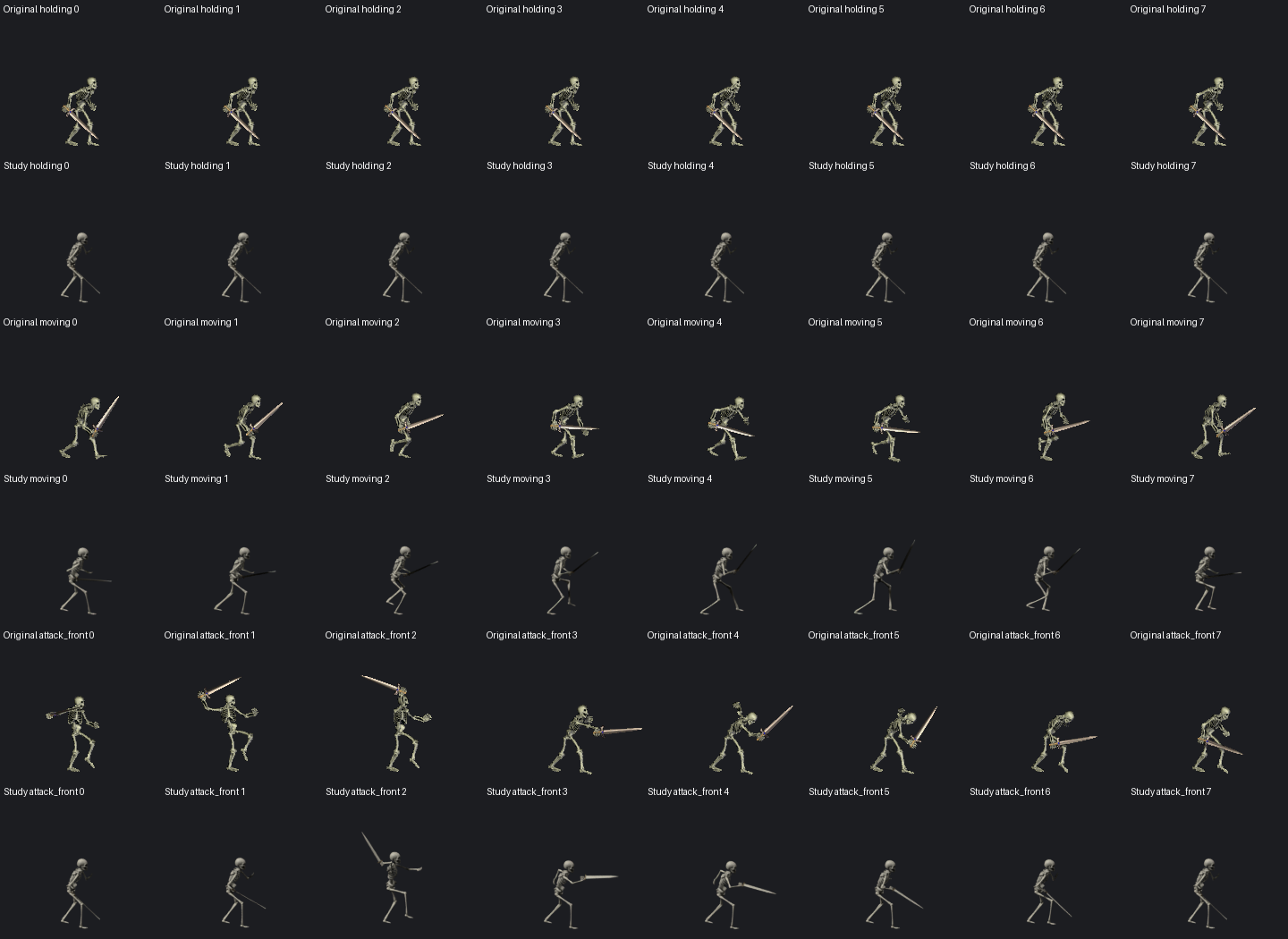 Original and new eight-frame holding, movement and attack sequences