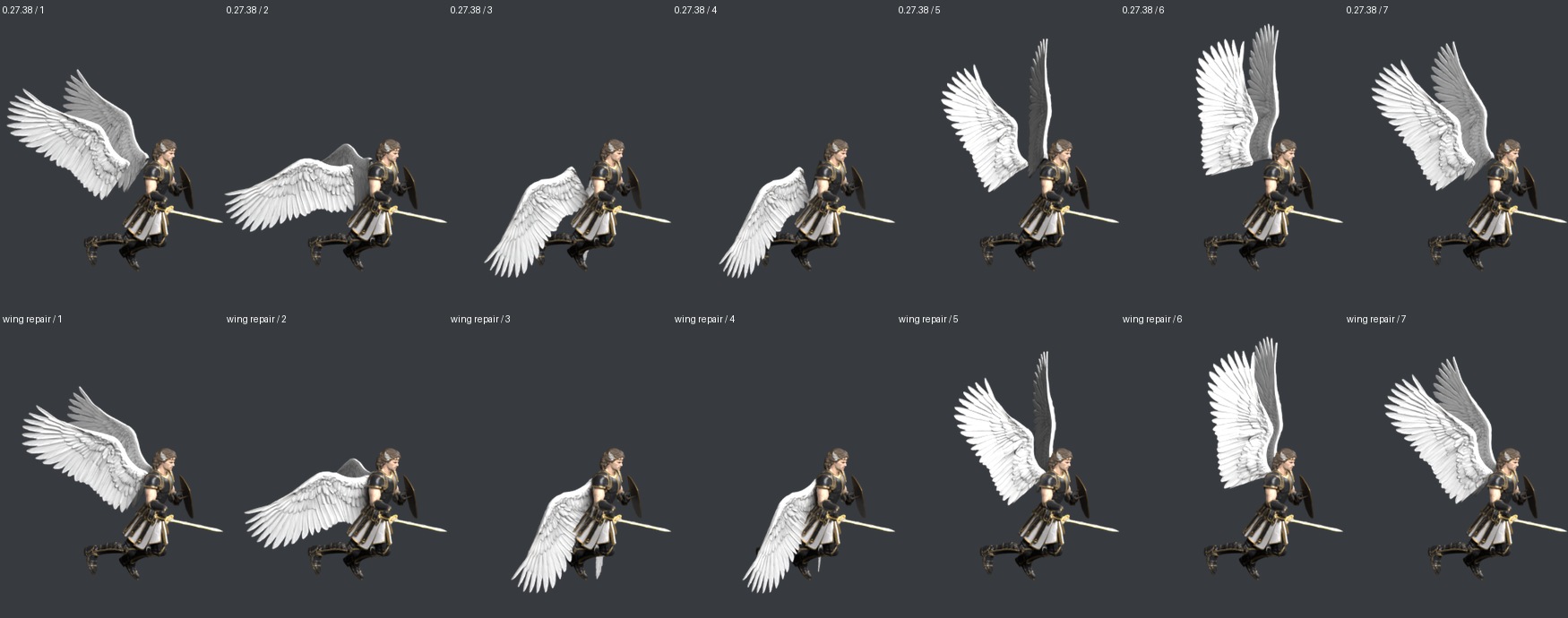 Seven flight frames: 0.27.38 above and the attachment repair below; offline comparison with a shared game canvas