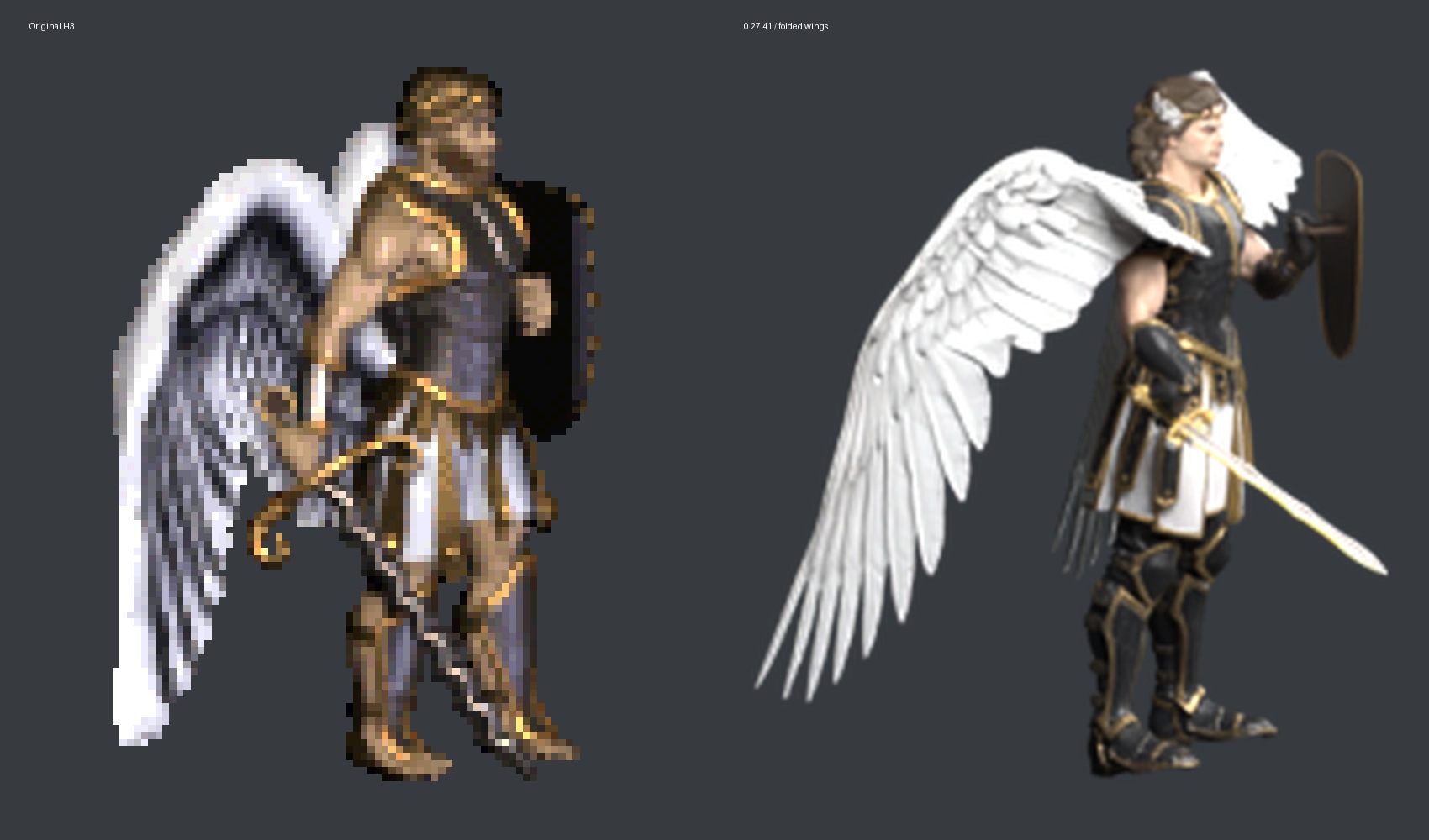 Original Archangel and 0.27.41 folded silhouettes at the same display height; the original uses nearest-neighbor enlargement