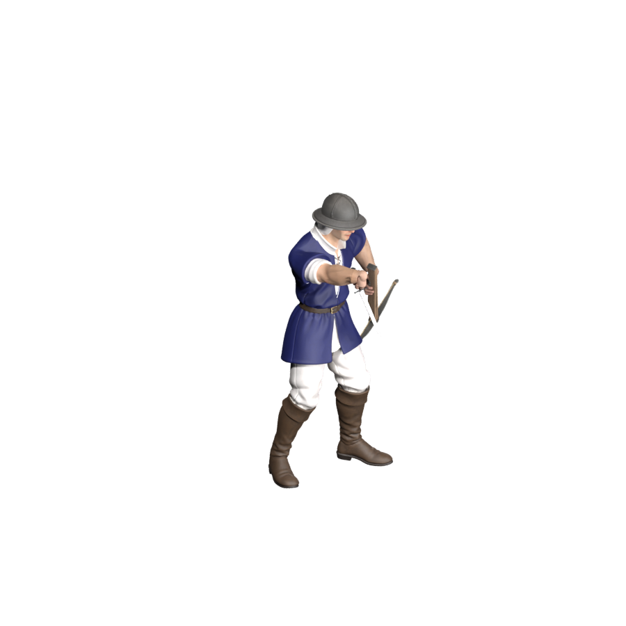 Revised crossbow carriage during forward melee, a 900 × 900 Blender still; the dagger path still has body intersections and is not installed