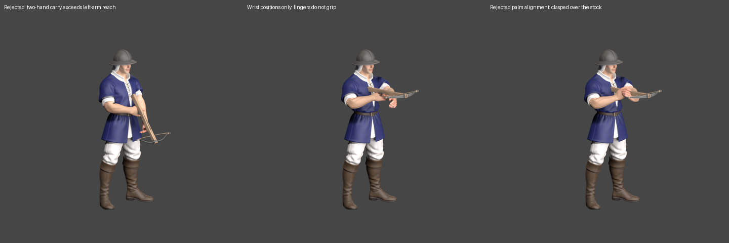 Rejected carry and hand-orientation tests; these are Blender development images
