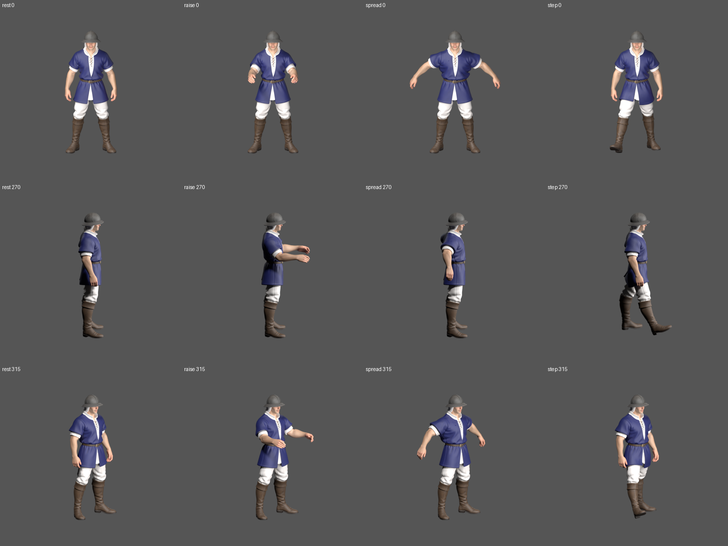 Rest, raised arms, spread arms and one step pose, viewed from three angles in Blender
