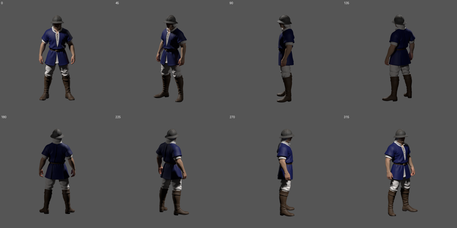 Eight Blender views of the generated body