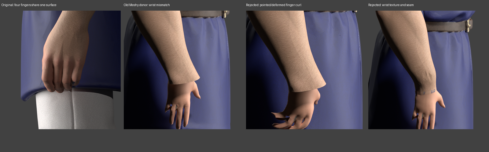 Original joined fingers and rejected donor-hand, curl and wrist attempts in Blender