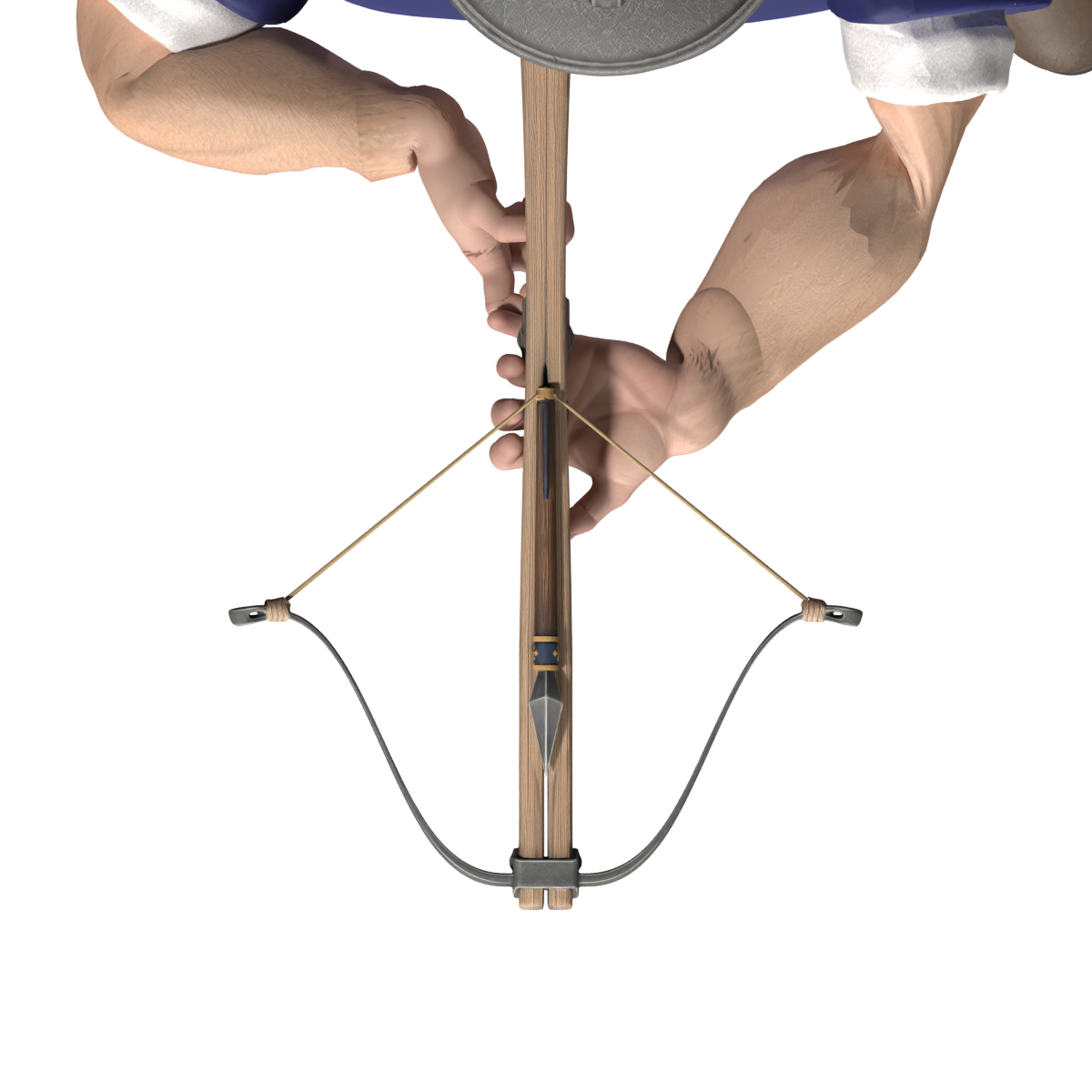 Loaded Meshy bolt and drawn cord, viewed from above in Blender; unfinished wrist seams remain visible