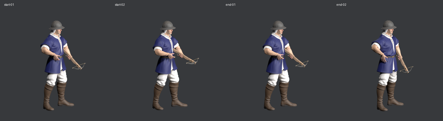 Four Blender draft frames for the Archer movement start and stop