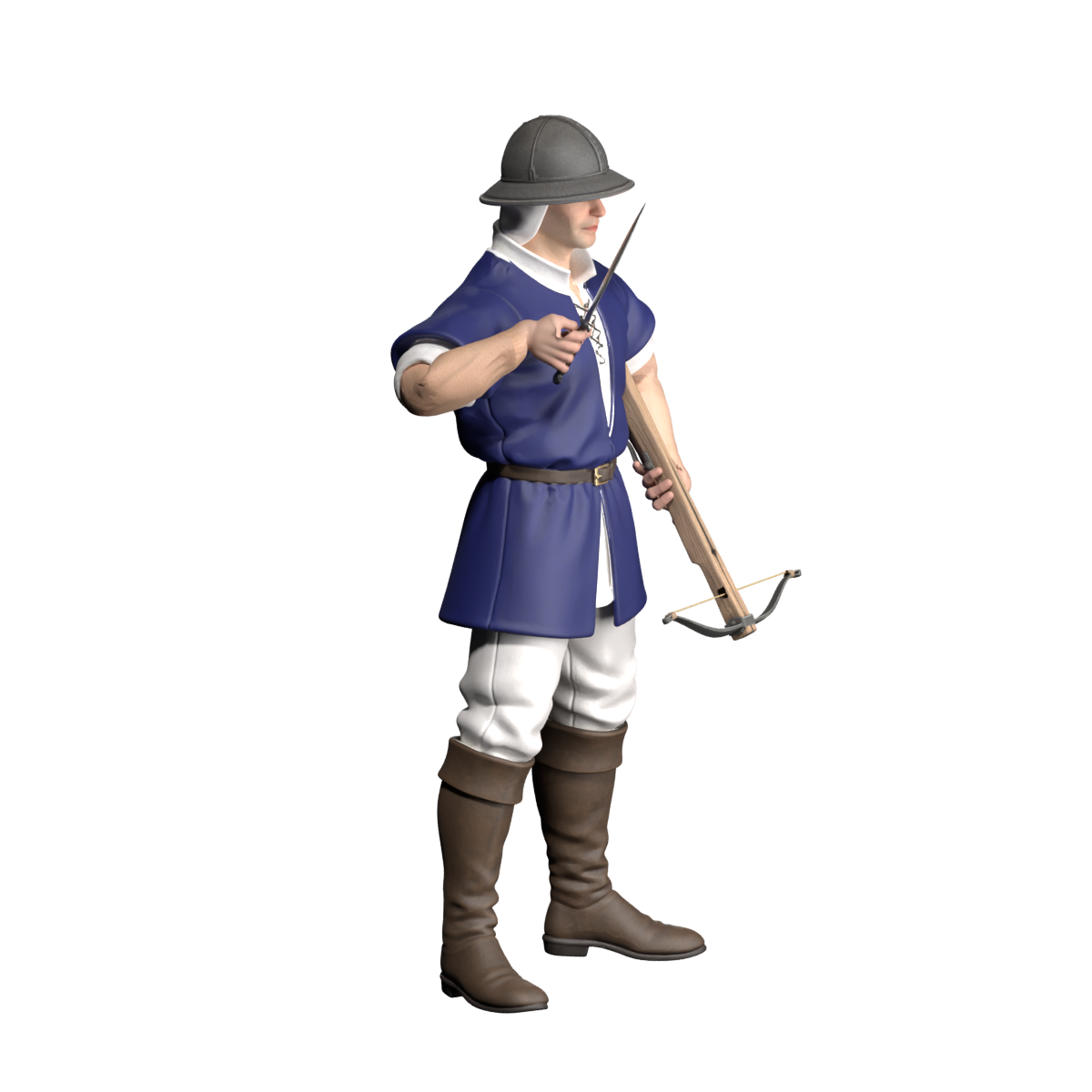 Right-hand dagger and left-hand crossbow pose, actual 1200-pixel Blender render with grip acceptance pending