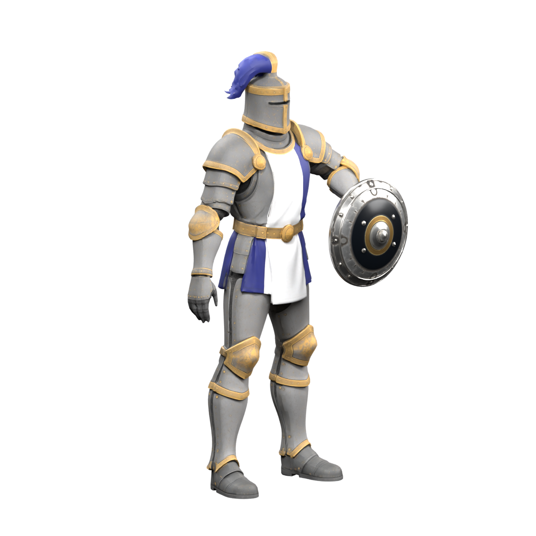 Character and shield fit, actual 1100-pixel Blender render; sword and grip remain unfinished