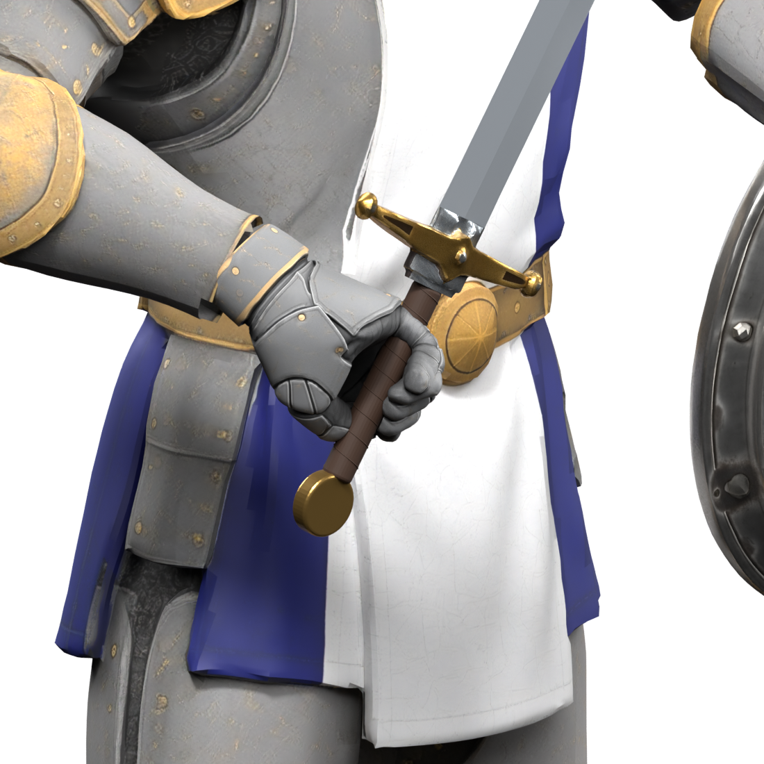 Right-hand sword close-up, actual Blender render; the cuff seam remains unfinished