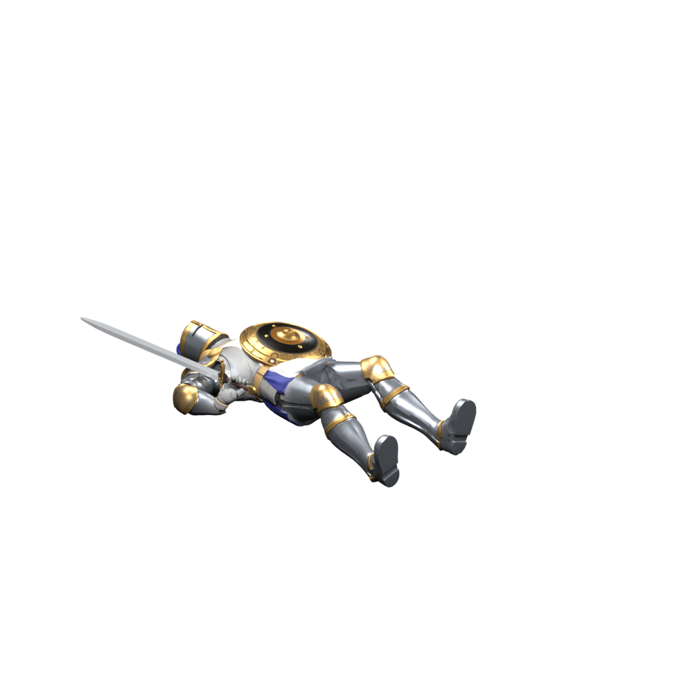 Final death pose rendered as a Blender still; feather tips are adjusted, while body and equipment support remain under review