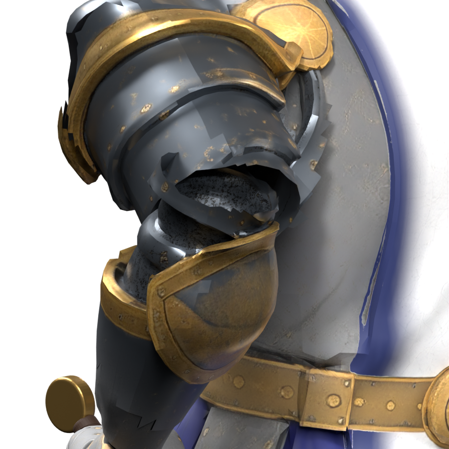 Rejected coarse plate split with broken shoulder, elbow and wrist boundaries, rendered in Blender