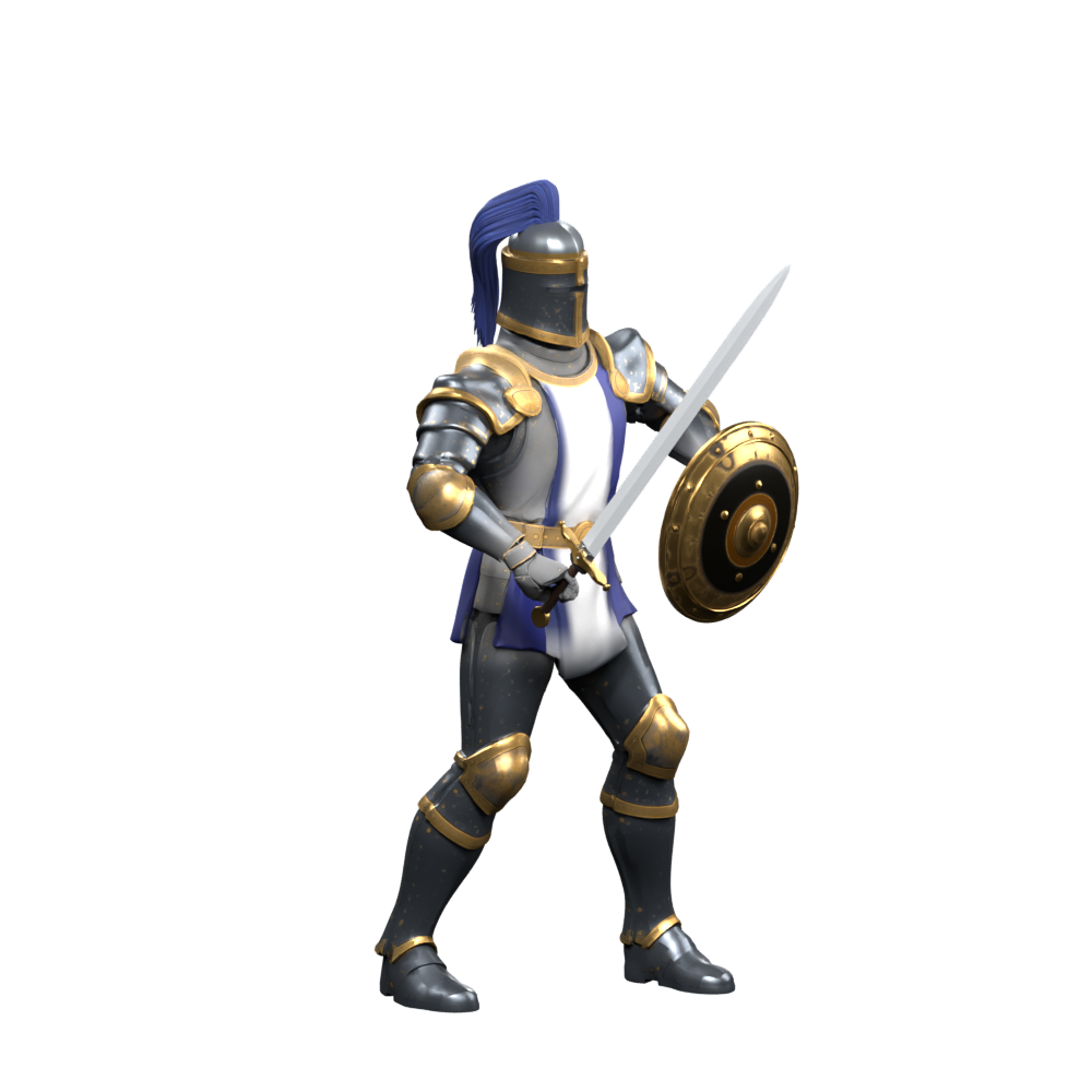 Standing draft with a shorter tabard and repaired helmet crown, a 1000-pixel Blender still; not installed