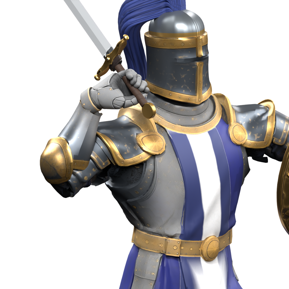 Unadopted shoulder-binding trial in a raised-sword pose; plate edges and underarm remain unfinished
