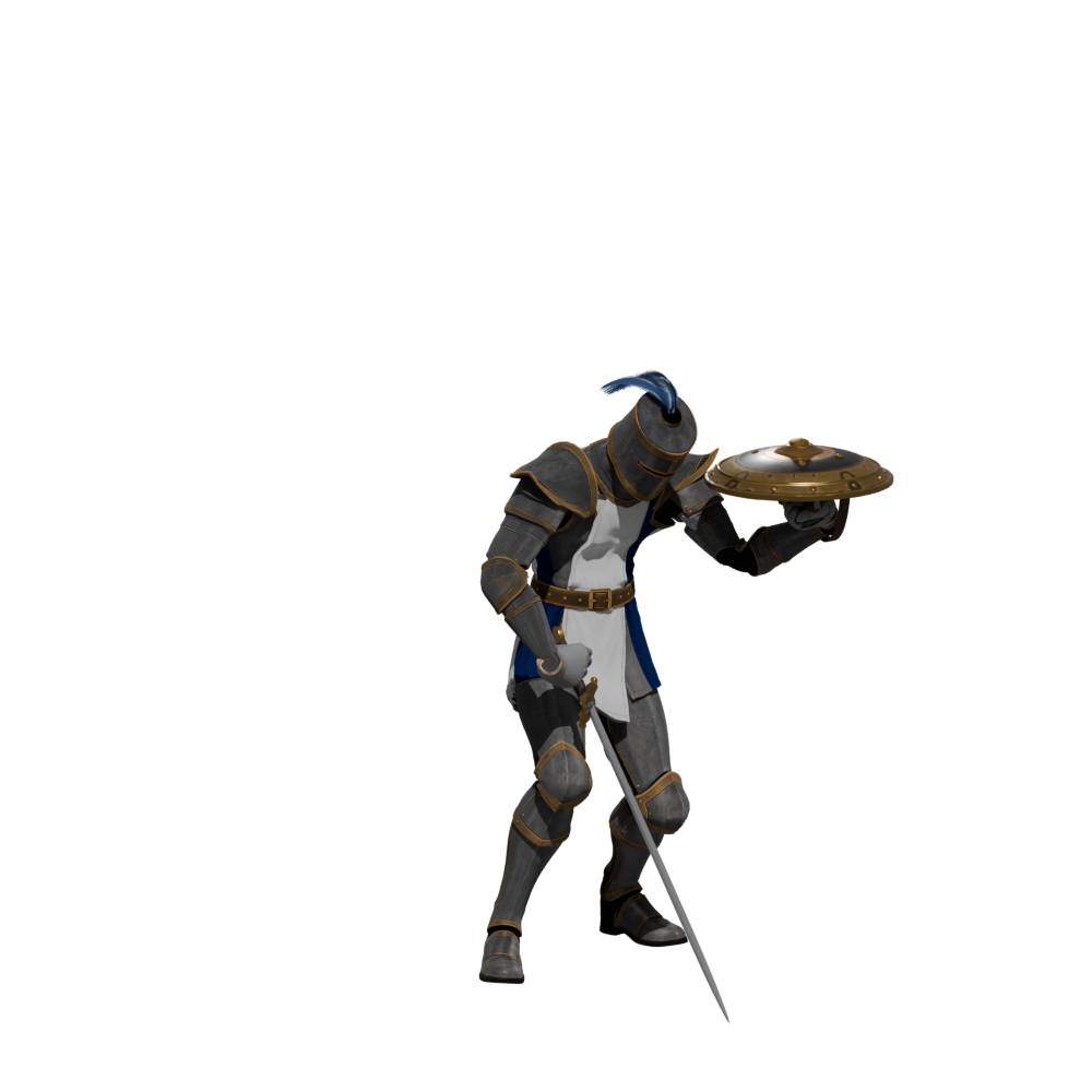 Low-attack shield pose, a 1000 × 1000 Blender still; wrist anatomy and the full motion remain under review