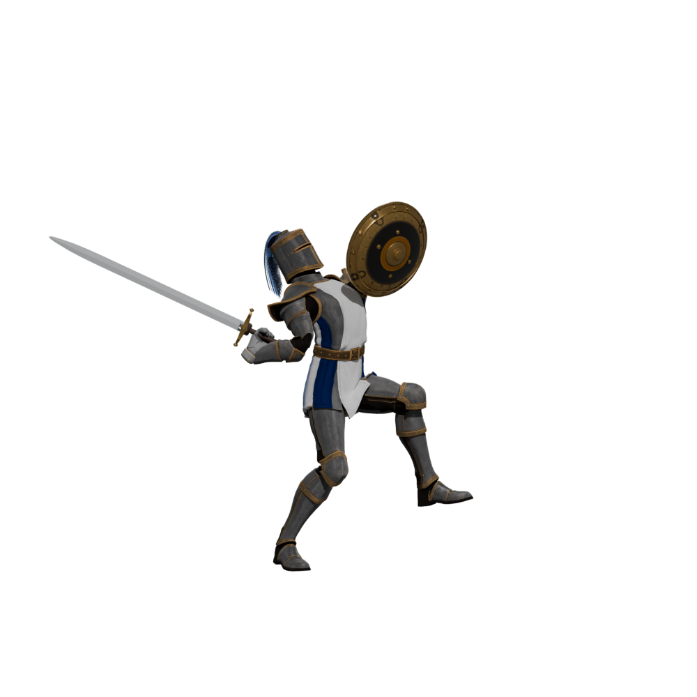 Outward sword motion during the hit reaction, a 1000 × 1000 Blender still of the draft