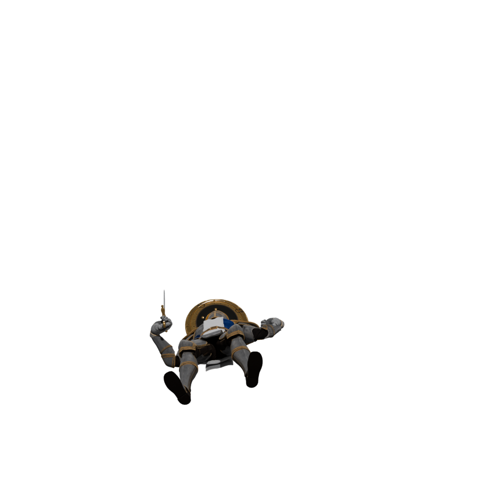Final body pose and shield landing, a 1000 × 1000 Blender still; timing, hands and landing details remain under review