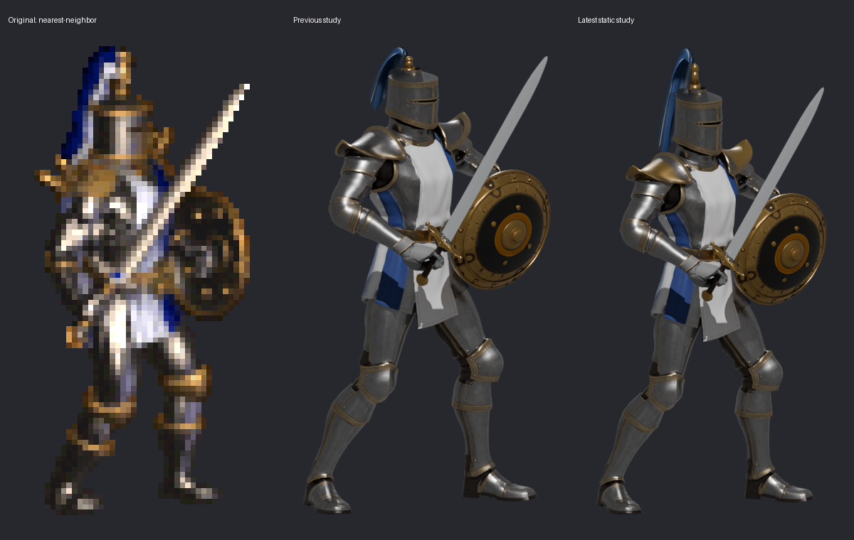 Original at left, previous study in the middle, latest Blender study at right. Each retains its aspect ratio at equal silhouette height; the original uses nearest-neighbor enlargement.