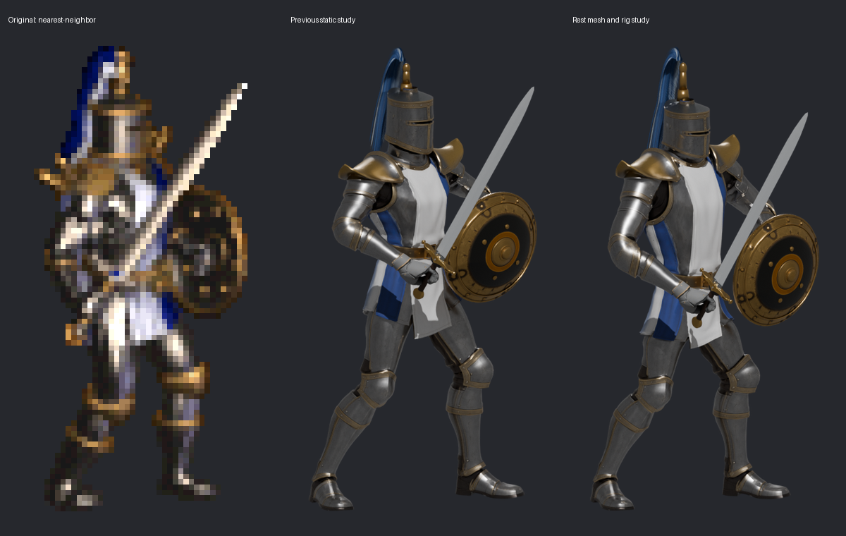 Original at left, previous static study in the middle, current rest mesh and skeleton at right. Silhouettes share a displayed height without changing aspect ratios.