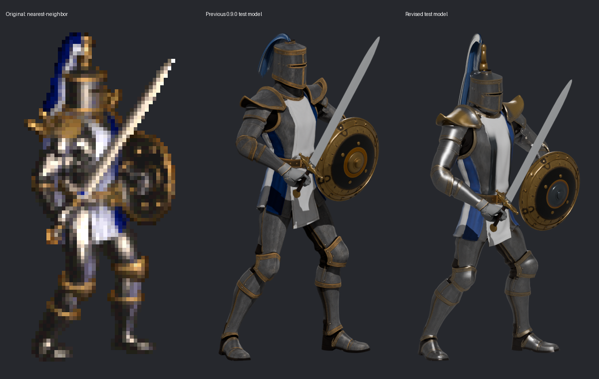 Original at left, 0.9.0 model in the middle, 0.10.0 model at right. The model images are Blender renders, compared at equal silhouette height with aspect ratios preserved.