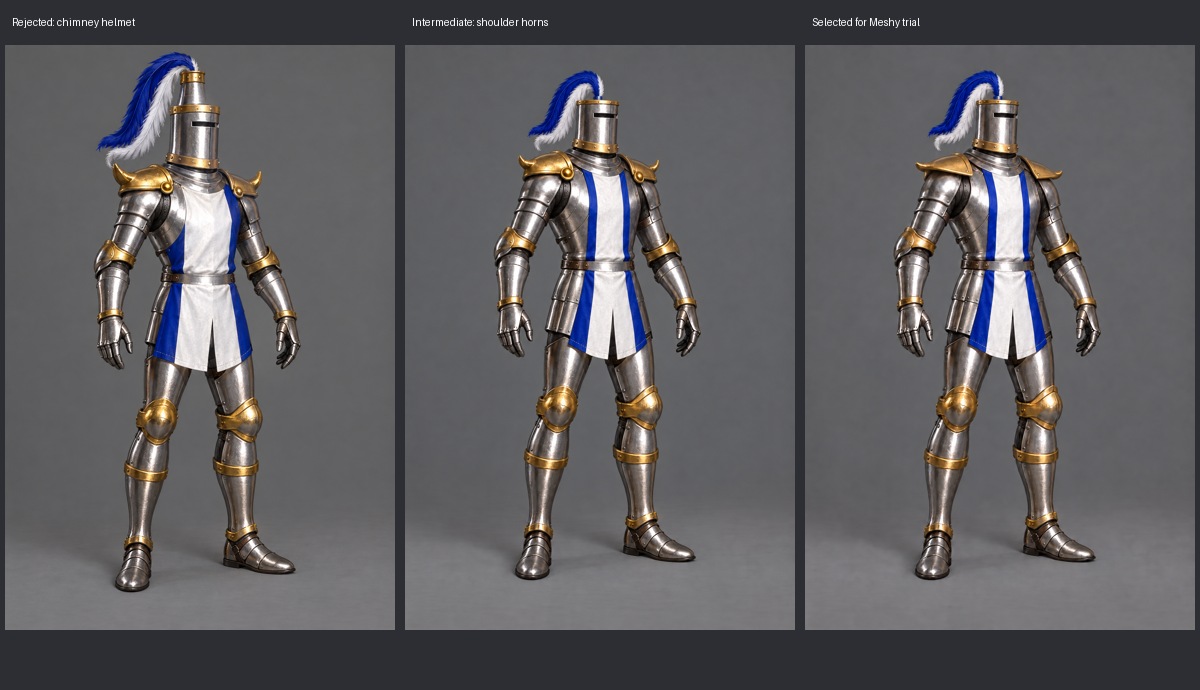 Generated concept iterations: rejected chimney helmet, intermediate shoulders, and the input selected for a Meshy trial