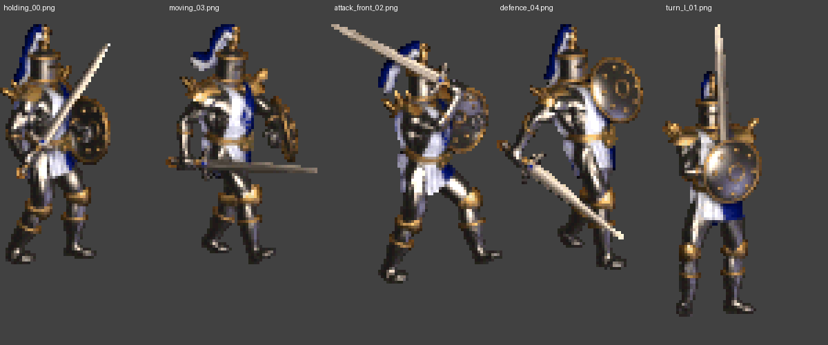 Five original Crusader poses enlarged with nearest-neighbor sampling, for silhouette, color and equipment comparison