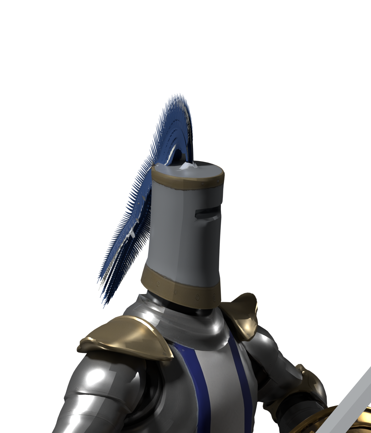 Helmet and separate feather geometry, an actual Blender close-up; plume distribution and material response still need native comparison
