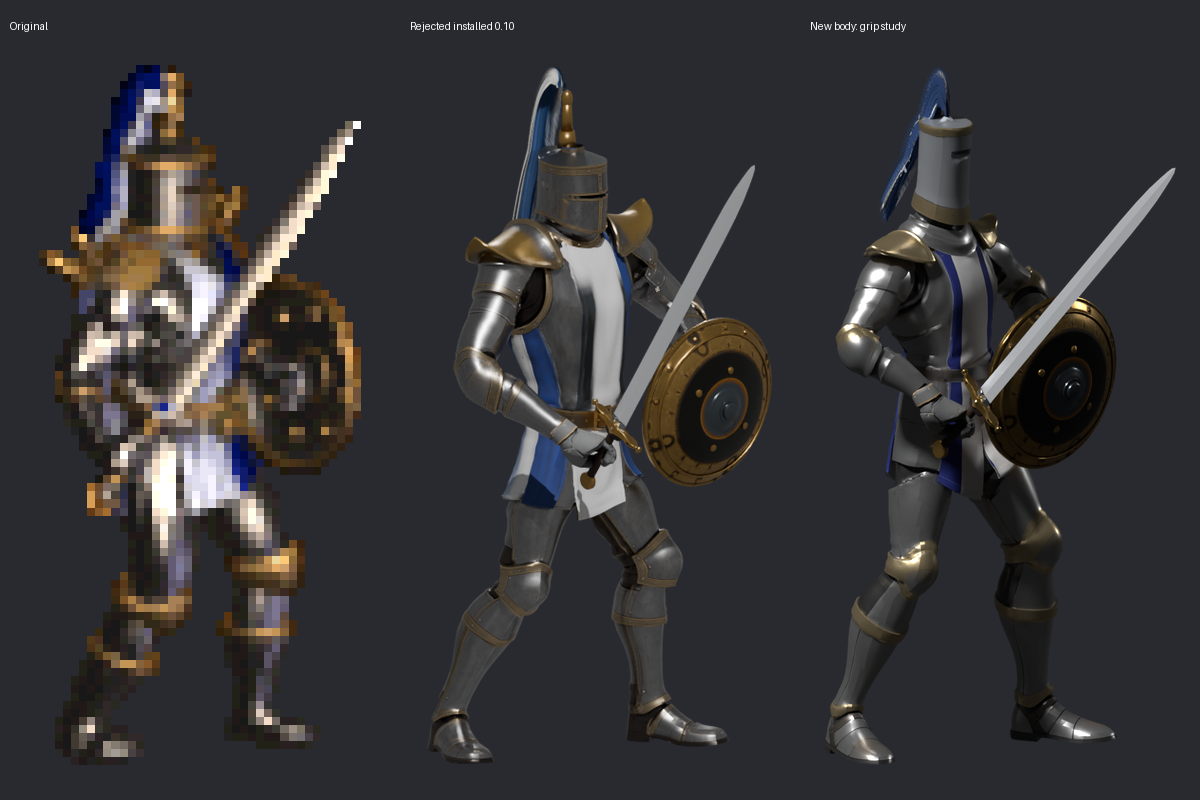 Original at left, the installed but visually rejected 0.10.0 in the middle, and a holding study of the new body at right. Complete silhouettes share a displayed height with aspect ratios preserved.
