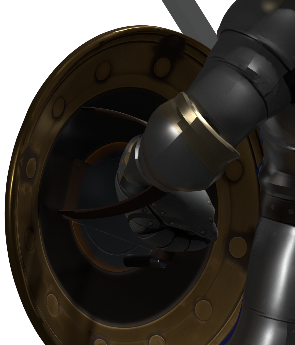 Left hand behind the shield handle, an actual Blender close-up; this is a rigid, preposed grasp