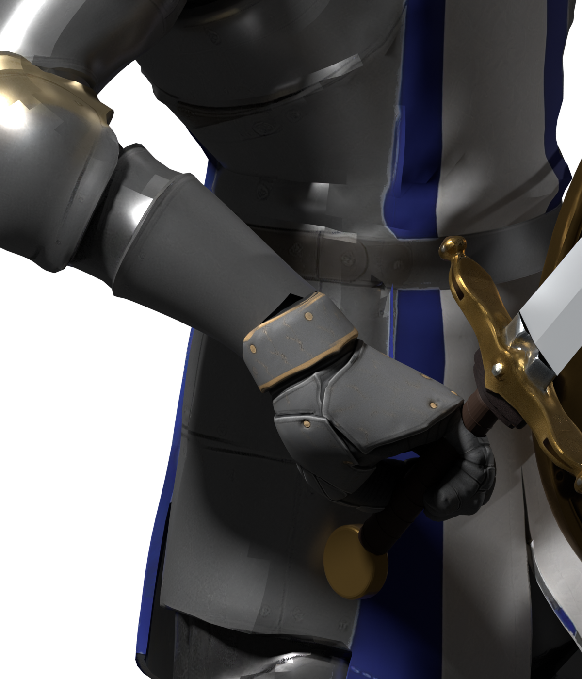 Right sword grip and wrist lining, a 1200 × 1400 Blender close-up; seam and dynamic contact checks remain open