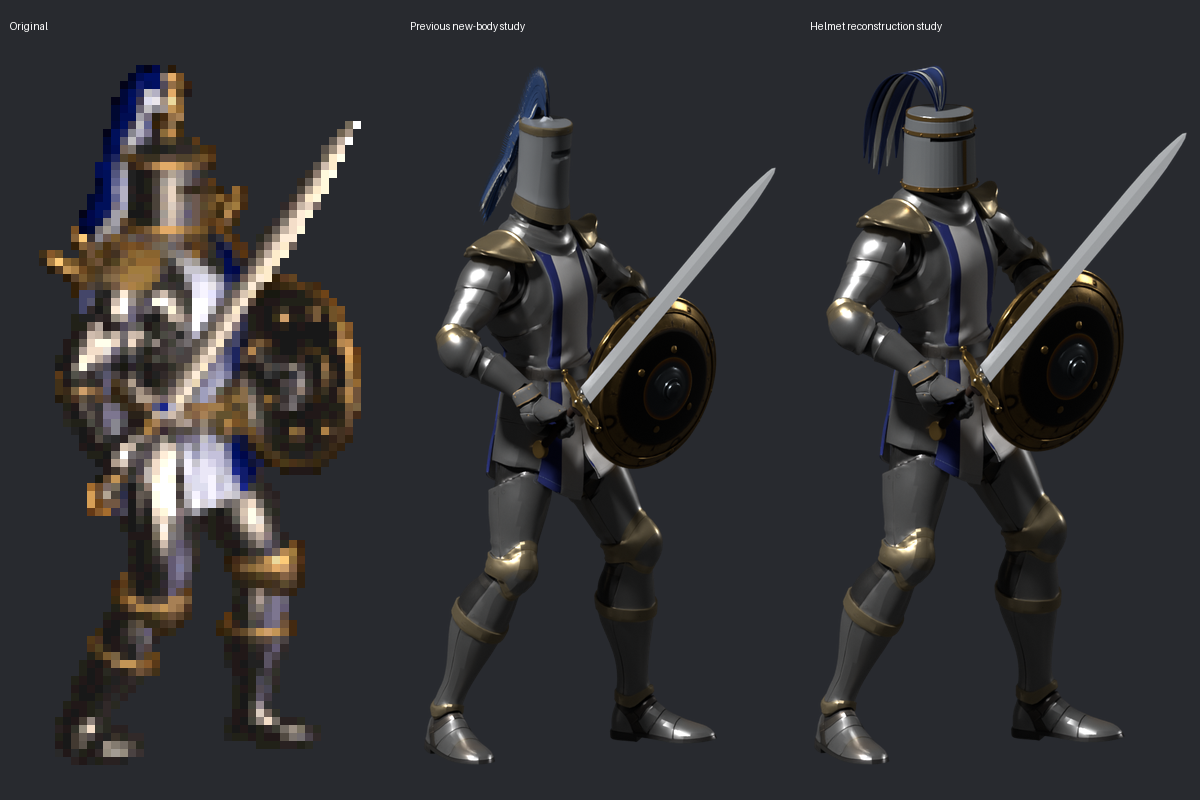 Original, previous new-body study and current helmet reconstruction, at equal silhouette heights with aspect ratios preserved; Blender studies are not game captures