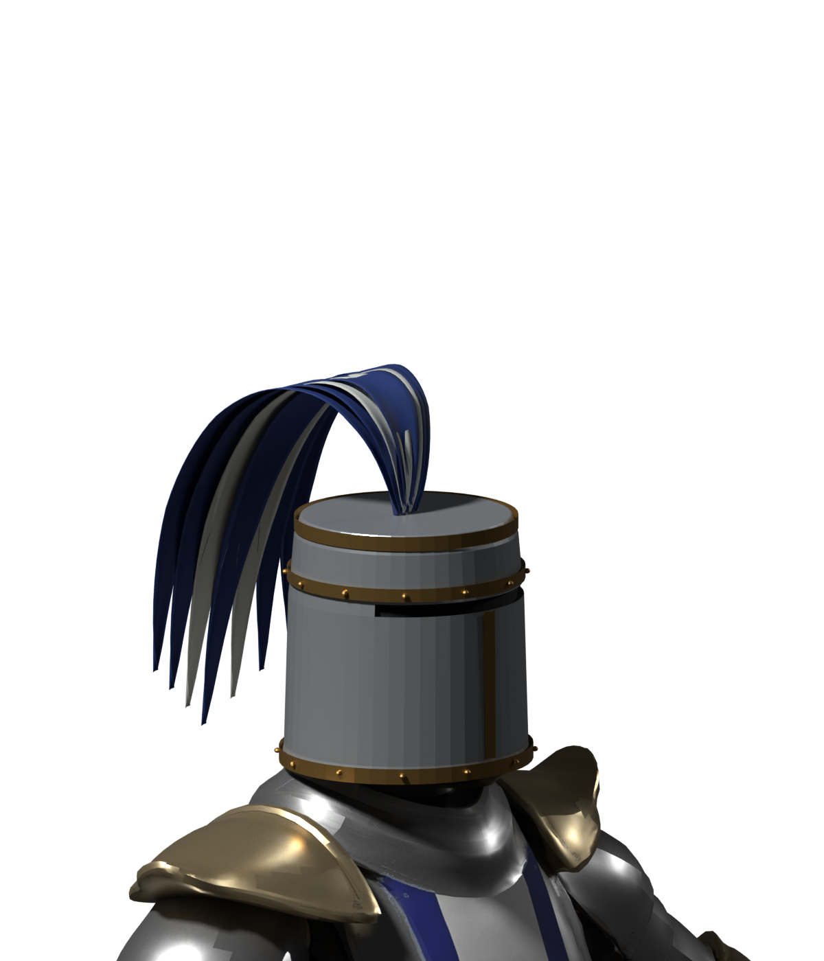 Reconstructed shell, visor and blue-white vanes; cylindrical shape and ribbon-like feathers remain unresolved