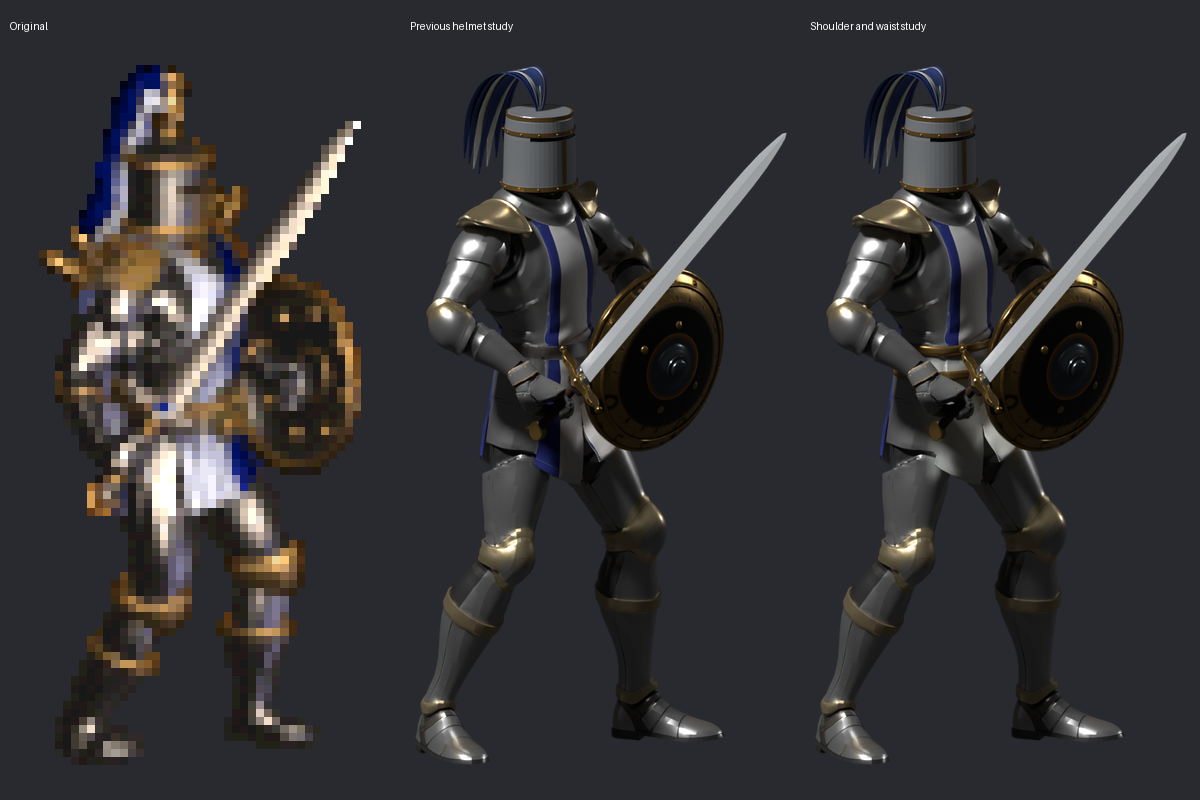 Original, previous helmet study and current shoulder/waist revision, at equal silhouette heights with aspect ratios preserved
