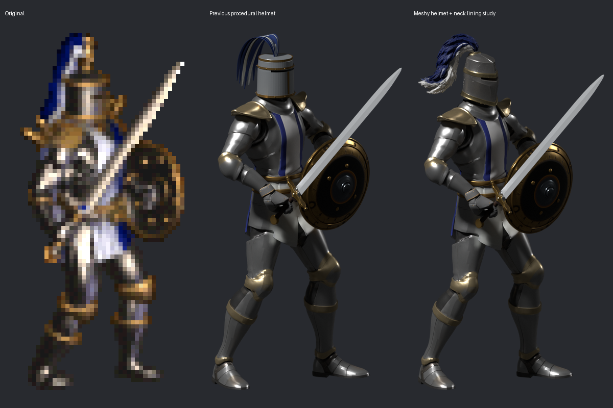 Original, previous procedural helmet and independent Meshy component assembly, at equal silhouette heights with aspect ratios preserved