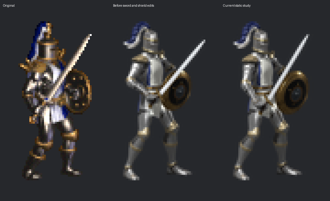 Original and the sword/shield pose revision, before the body proportion edit; both model images use the same crop and scale