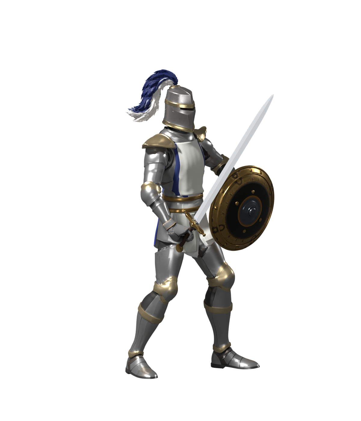 Revised sword and shield placement, a 1200 × 1400 Blender still; likeness remains unaccepted and the study is not installed