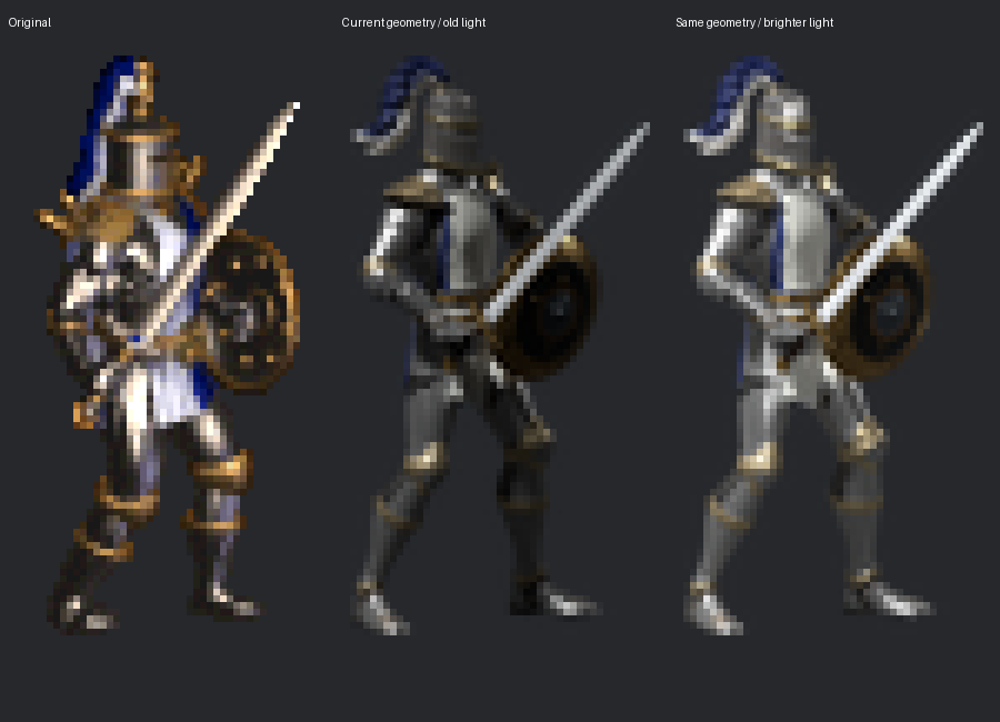 Original, previous lighting and revised lighting; the latter two share identical geometry and materials
