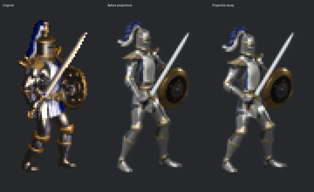Original and the proportion revision, before the crest, stance and gold edits; model camera, crop and scale remain fixed without renormalizing silhouette height