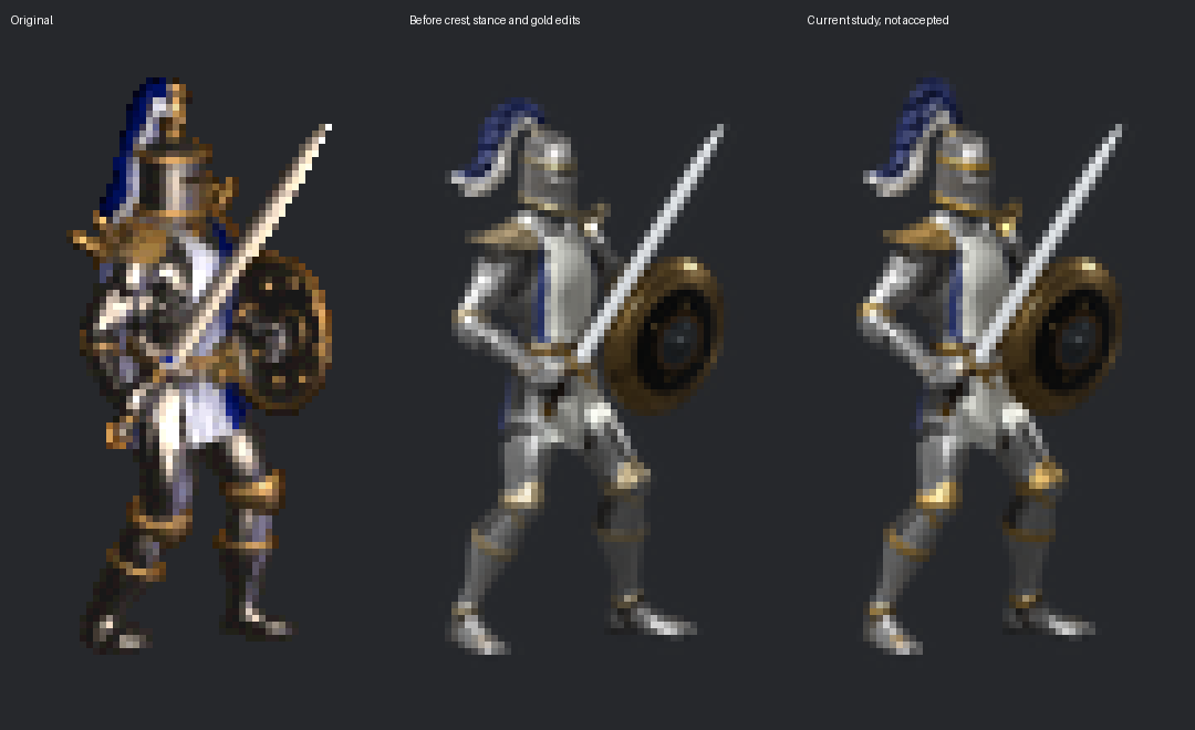 Original and the crest, stance and gold revision, before shoulder and hem edits