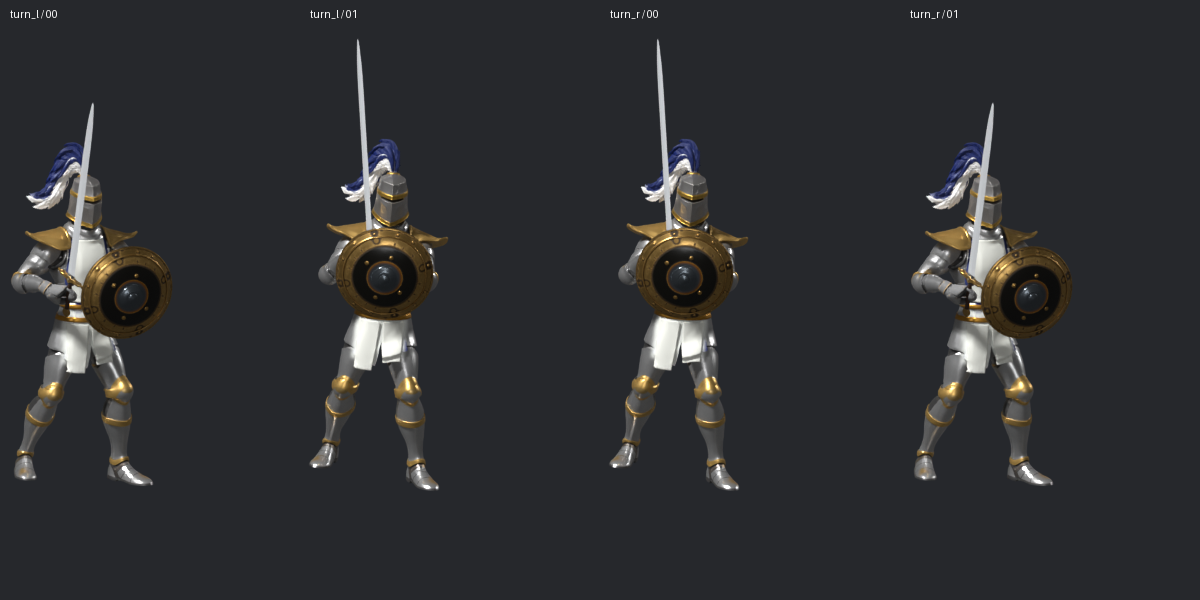 Two frames for each turn, rendered in Blender; game playback also uses sprite reversal