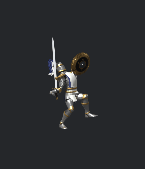 Crusader hit candidate, six actual Blender frames; sword recovery revised, garment intersections remain, not installed