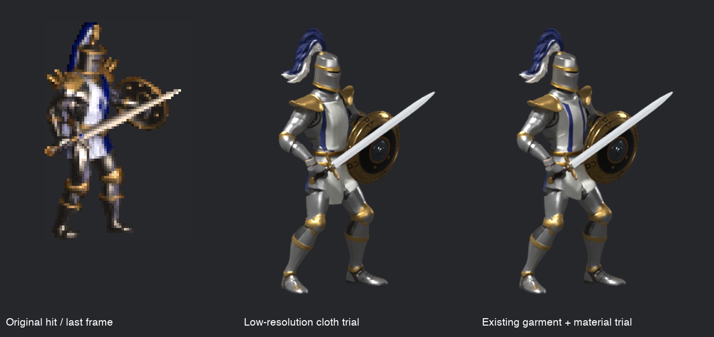 Original final hit frame, simplified cloth trial, and existing-garment material trial; the latter two are actual Blender stills, neither adopted