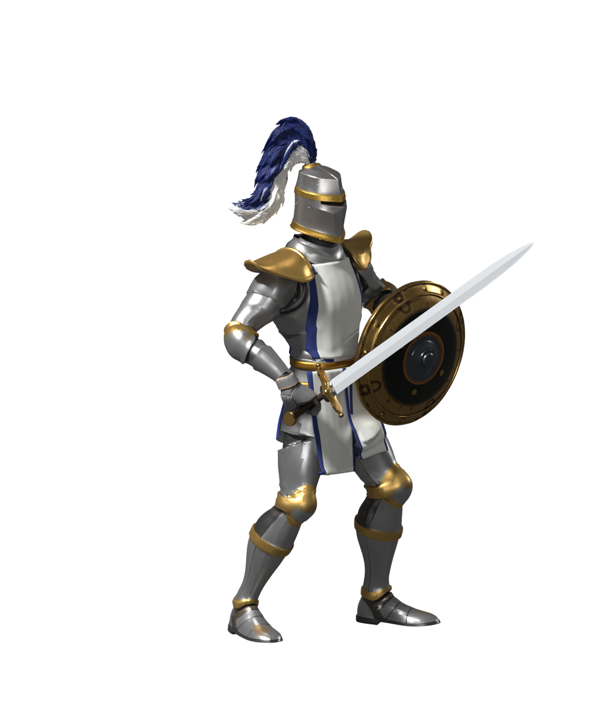 Crusader hit recovery with a broader, longer white-and-blue tabard; 1200 × 1400 Blender still, garment intersections unresolved, not a delivery