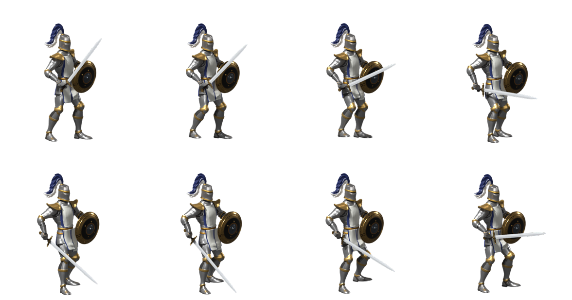 Eight walking draft frames with the new tabard, read left to right across the top then bottom row; actual Blender renders, not game screenshots